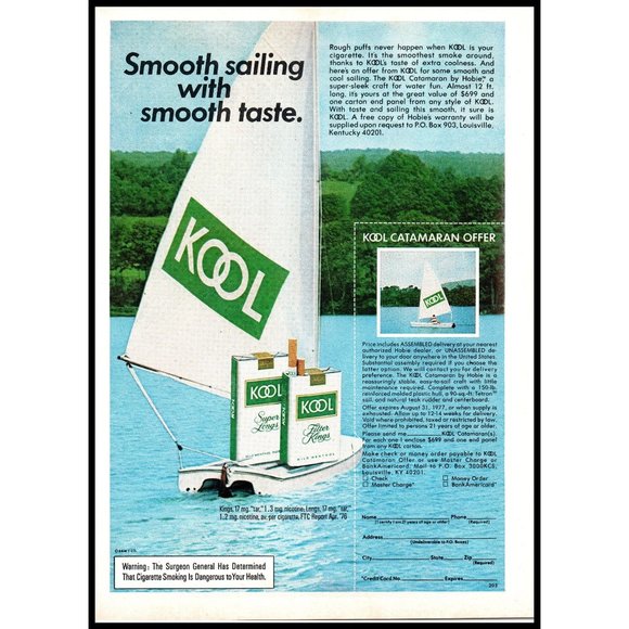1976 Kool Menthol Cigarettes Vintage Print Ad Catamaran Sailboat Offer Wall Art - Picture 1 of 1